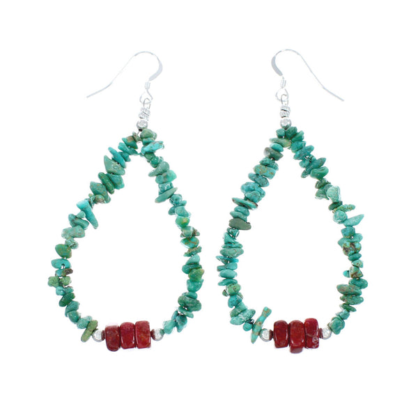 Navajo Sterling Silver Turquoise And Coral Bead Hook Dangle Earrings X10057